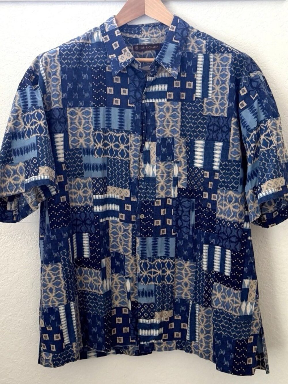 Tori Richard Hawaiian Shirt Mens 2XL Blue Patchwork